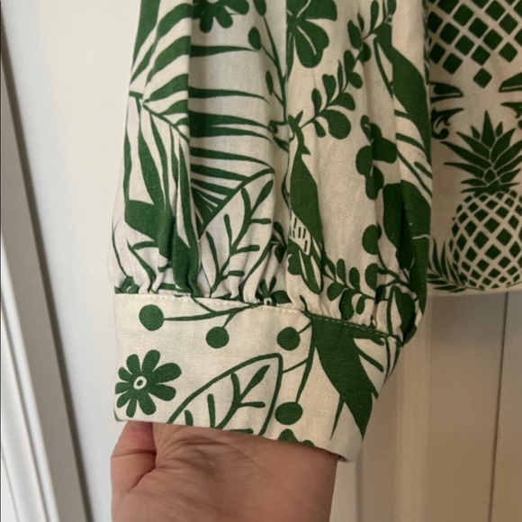 Maison d’Amelie Cropped Tropical Green Leaf Linen-blend Tie-Front Blouse - med - Picture 6 of 11
